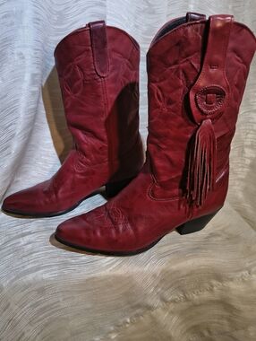 Women's Red Leather Fringe Western Boots Sz 8, Loredo, Superb Vintage Condition
